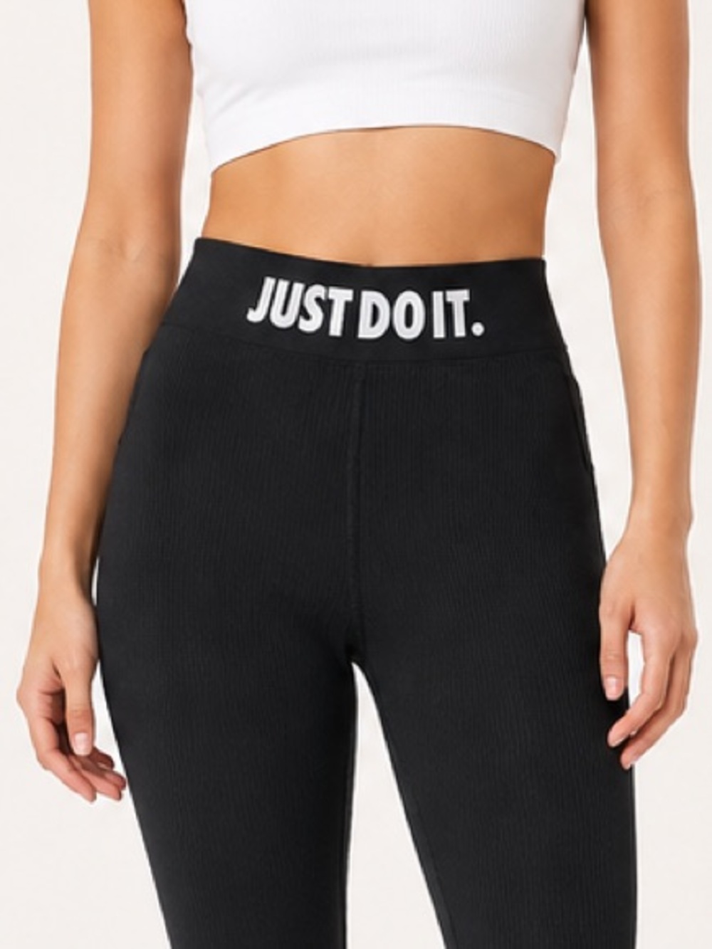 Nike Black High-Waist Ribbed Leggings with 'Just Do It.' Waistband